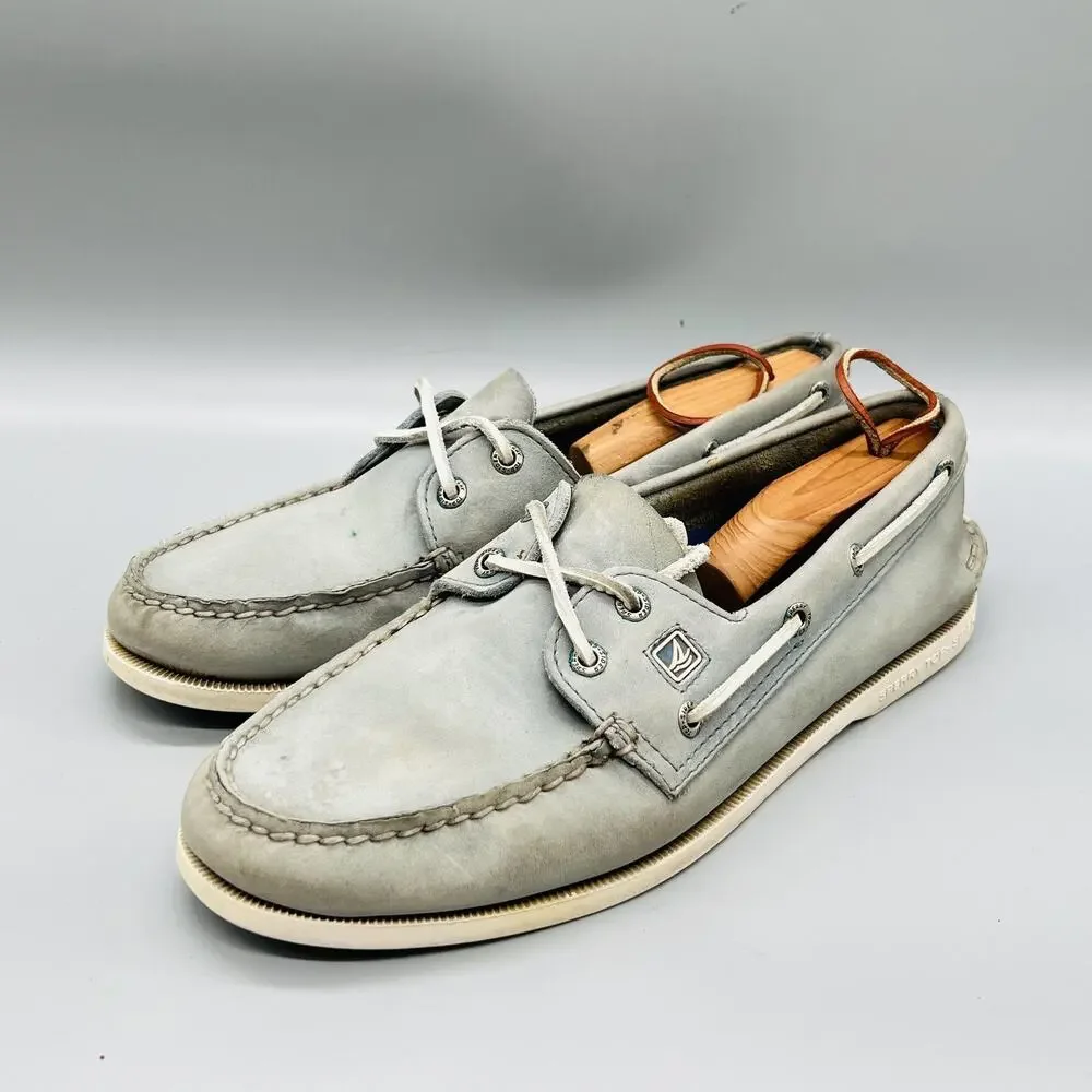 Sperry Shoes Mens 10.5 Gray Leather Top Sider 2 Eye Boat Moc Toe Casual Comfort